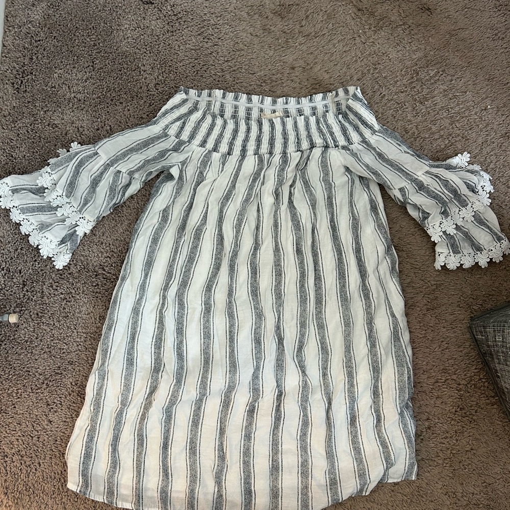 Striped Off-Shoulder Dress with Lace Sleeves
